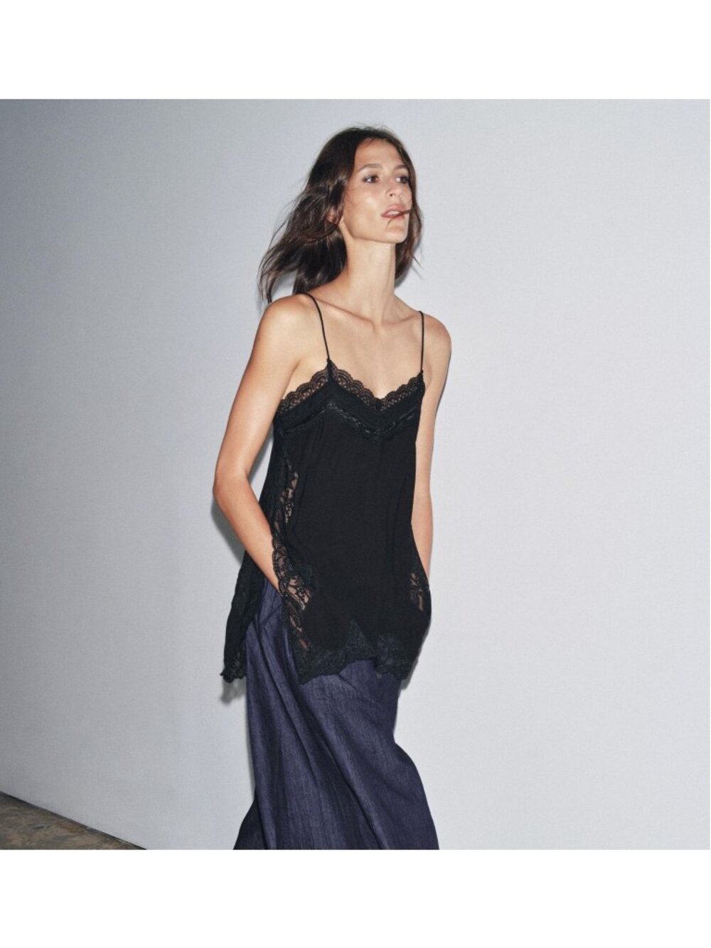 Zara ZW Collection Black Lace Camisole Slip Top Eyelash Lace Size Small